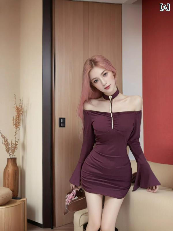 ワンピース レディース ホルターネック オフショルダー ラッパ袖 ラインストーン装飾 長袖 セクシー ボディコン ミニ丈 切り替え 無地 ハイウエスト エレガント 秋冬 ブラック パープル ポリエステル