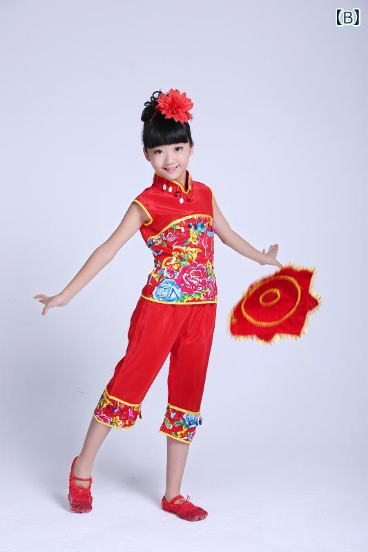 発表会衣装 キッズ 女の子 幼児 民族舞踊 ヤンコ舞踊 手絹踊り 舞台 ダンスウェア 祝祭 お祝い 赤色 ショート丈 撮影衣装 ビニロン繊維 2