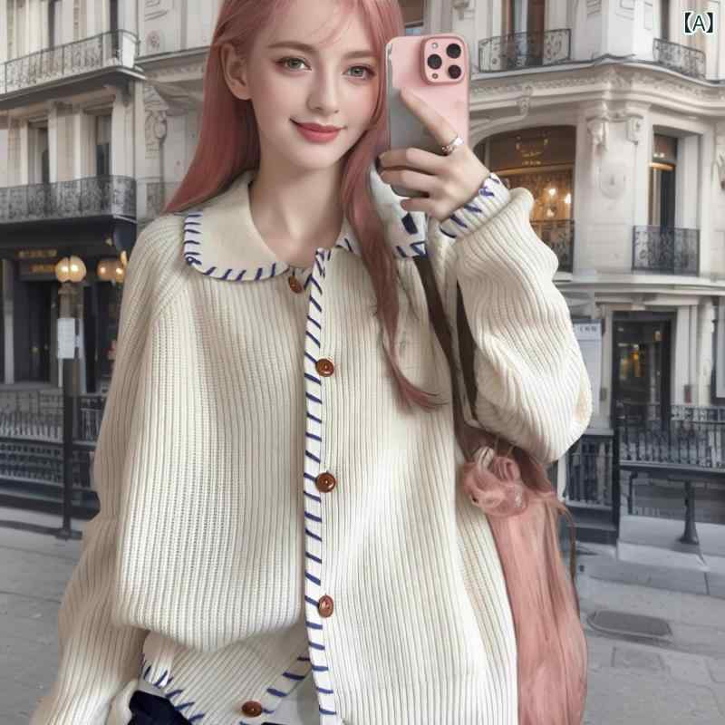 ニット カーディガン レディース 配色 切り替え デザイン性 ゆったり ルーズ リラックス カジュアル 襟付き 長袖 シングルボタン ポリエステル 秋冬 ホワイト グレー 羽織り