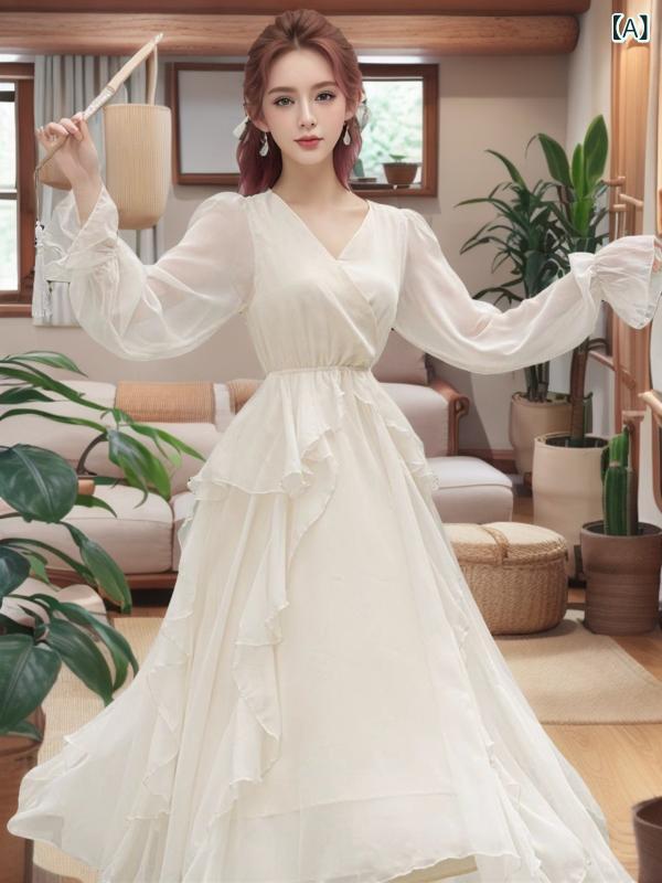 ワンピース レディース 新中華風 オリエンタル Vネック 長袖 フリル ラッフル 切り替え ハイウエスト ミモレ丈 エレガント 上品 若見え..