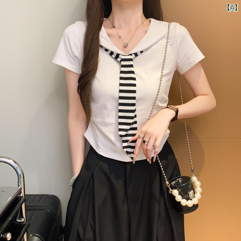 ・カテゴリ: Tシャツ・スタイル: 日韓カジュアル・主な素材: ポリエステル 50～70%、ポリウレタン 30%以下・ネックライン: セーラーカラー・袖丈: 半袖・柄: ストライプ・カラー展開: ホワイト、ブラック、ブルー・サイズ展開: S...