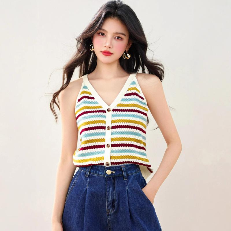 トップス レディース ニット アンサンブル ノースリーブ カーディガン キャミソール ストライプ 配色切り替え カラフル 上品 スリムフィット 細見え 綿混 ストレッチ 春夏 デイリー