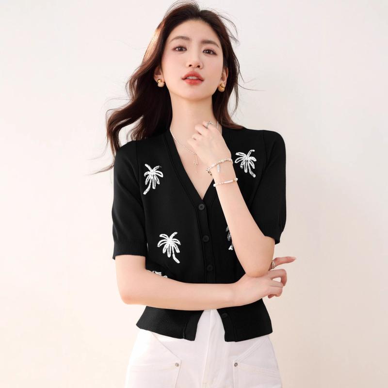 T-Shirts - トップス レディース フレンチスタイル 高級感 上品 黒 花柄刺繍 パフスリーブ 半袖 接触冷感 綿 ニット ショート丈 Vネック ウエストマーク デザイン 春夏