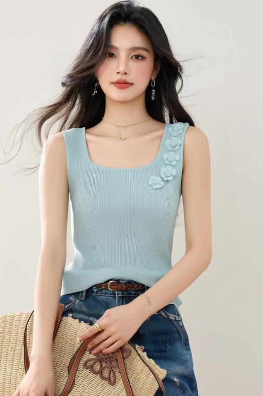 タンクトップ レディース 春夏 フレンチ 花柄 レース ニット スリムフィット 着痩せ 肌触り良い レーヨン スパンデックス 伸縮性 普段使い 重ね着 グリーン オフホワイト