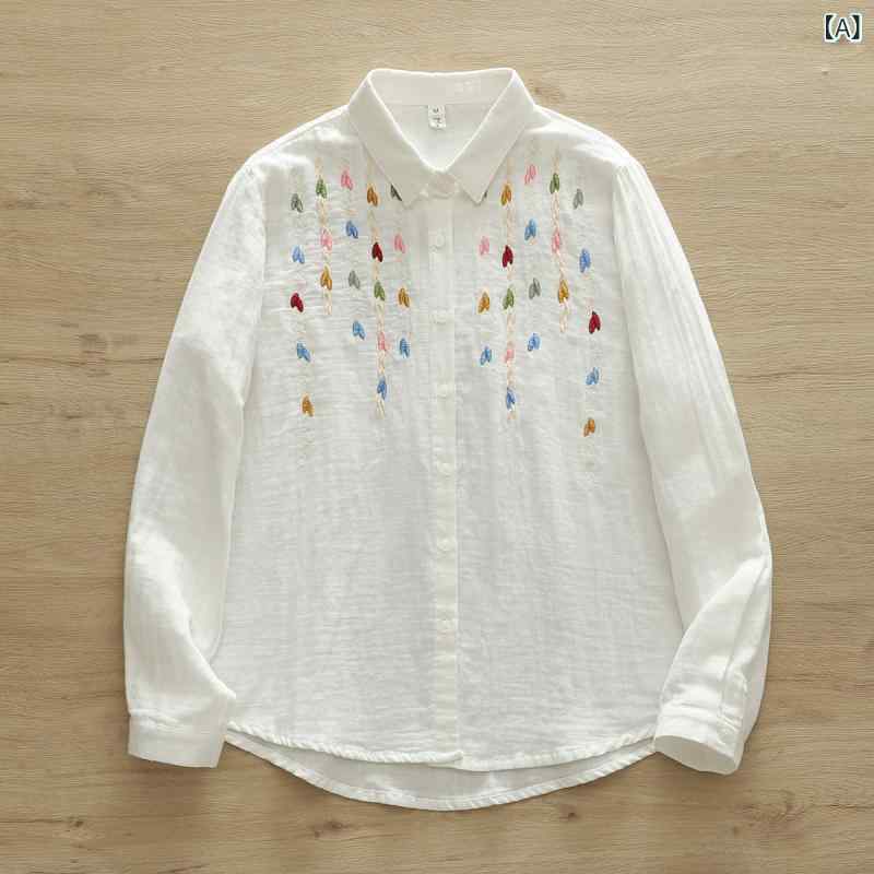 Rakuten - シャツ レディース 秋 ダブルガーゼ 刺繍 長袖 ゆったり コットン ソフト ブラウス 女性用 かわいい ナチュラル カジュアル ポロ襟 トップス ホワイト