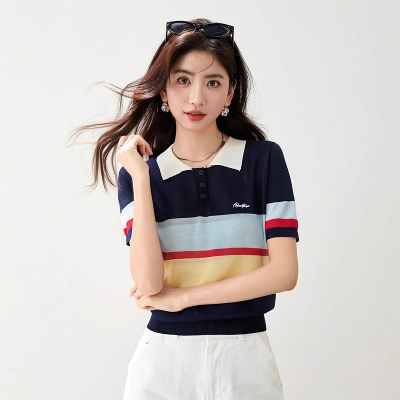 ニット トップス レディース 接触冷感 薄手 軽量 半袖 ポロ襟 ストライプ プルオーバー 配色切り替え 綿 アクリル 夏 春夏 スクール風 カジュアル 普段使い 日韓風 ネイビー おしゃれ