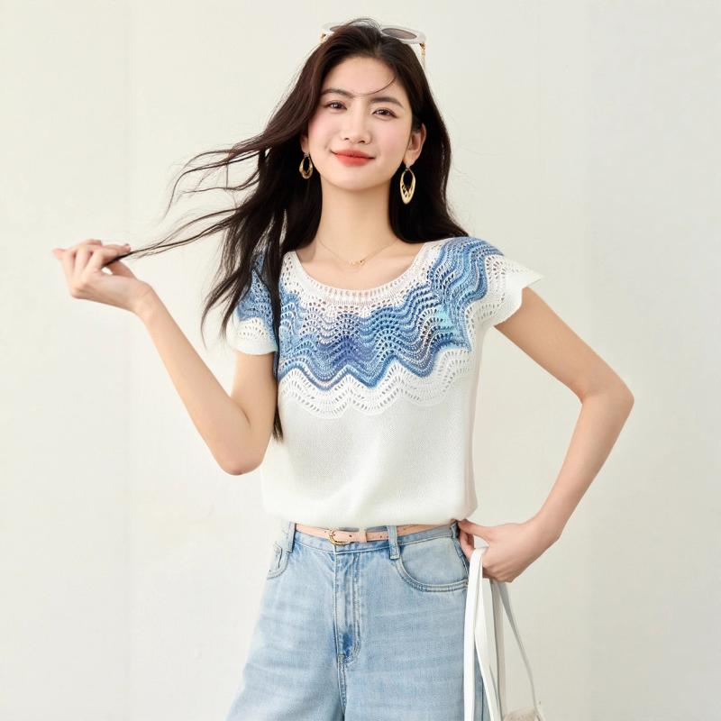 Rakuten - Tシャツ レディース ボヘミアン フレンチスタイル リゾート ニット 透かし編み 切り替え 半袖 ショート丈 ラウンドネック 綿混 伸縮性 ホワイト 春夏 きれいめ 上品 カジュアル トップス カットソー 普段使い お出かけ