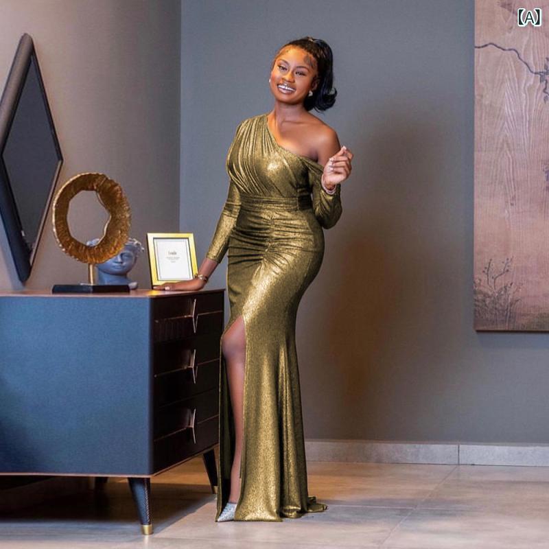 ・カテゴリ: ワンピース・スタイル: エレガント、上品・主な素材: ポリエステル90～95%、スパンデックス30%以下・柄: 無地・デザイン: パッチワーク、切り替え・丈: ロング・シルエット: フェアリーライン・ネックライン: ワンショルダー・袖タイプ: レギュラー・袖丈: 長袖・ウエスト: ハイウエスト・開閉: ジッパー・カラー展開: ゴールド・サイズ展開: 3XL、4XL