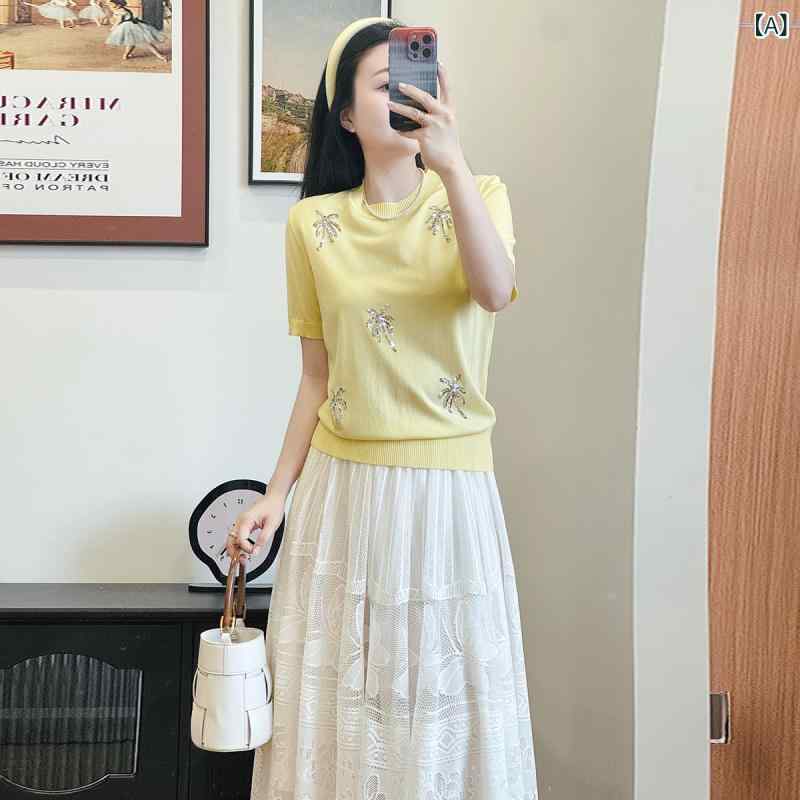 ニット 極細 テンセル リヨセル なめらか ココナッツツリー スパンコール刺繍 クルーネック 半袖 ゆっ..