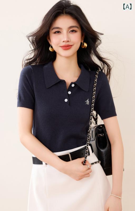 Rakuten - Tシャツ レディース ポロネック 半袖 ニット ネイビー スリムフィット ショート丈 春夏 インナー トップス きれいめカジュアル 通勤 デイリーユース 着回し 上品