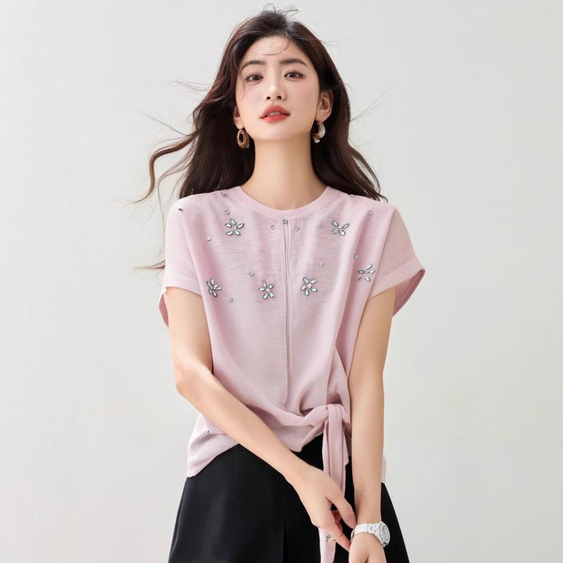 Rakuten - Tシャツ レディース 韓国風 接触冷感 半袖 ニットソー 豪華ビジュー装飾 結びデザイン クロップド丈 薄手 夏 クルーネック プルオーバー スリムフィット ポリエステル 麻混 無地 エレガント