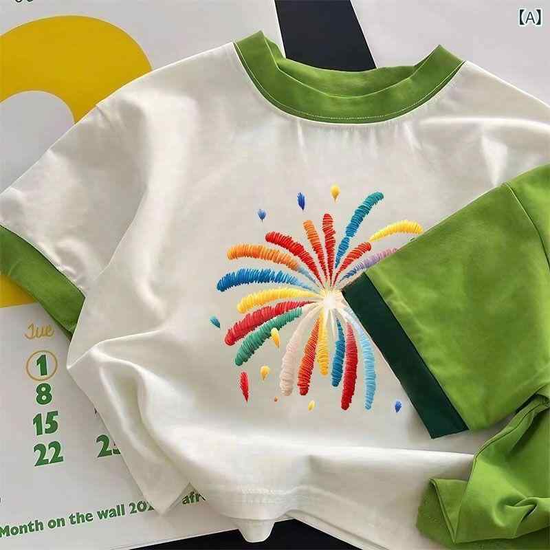 ・カテゴリ: 子供用Tシャツ・対象性別: 男女共用・スタイル: キャラクター・アニメ風・フード: なし・袖丈: 半袖・推奨年齢: 乳幼児（1〜3歳、身長80〜100cm）、キッズ（3〜8歳、身長100〜140cm）・生地加工: ソフト加工・柄: キャラクター、プリント・主な素材: 綿・素材割合: 綿 ・安全基準: B類・ネックライン: クルーネック・機能: 吸汗・カラー展開: ホワイト（スリーブ切替：花火）、グリーン（スリーブ切替：花火）・サイズ展開: 80cm、90cm、100cm、110cm、120cm、130cm、140cm