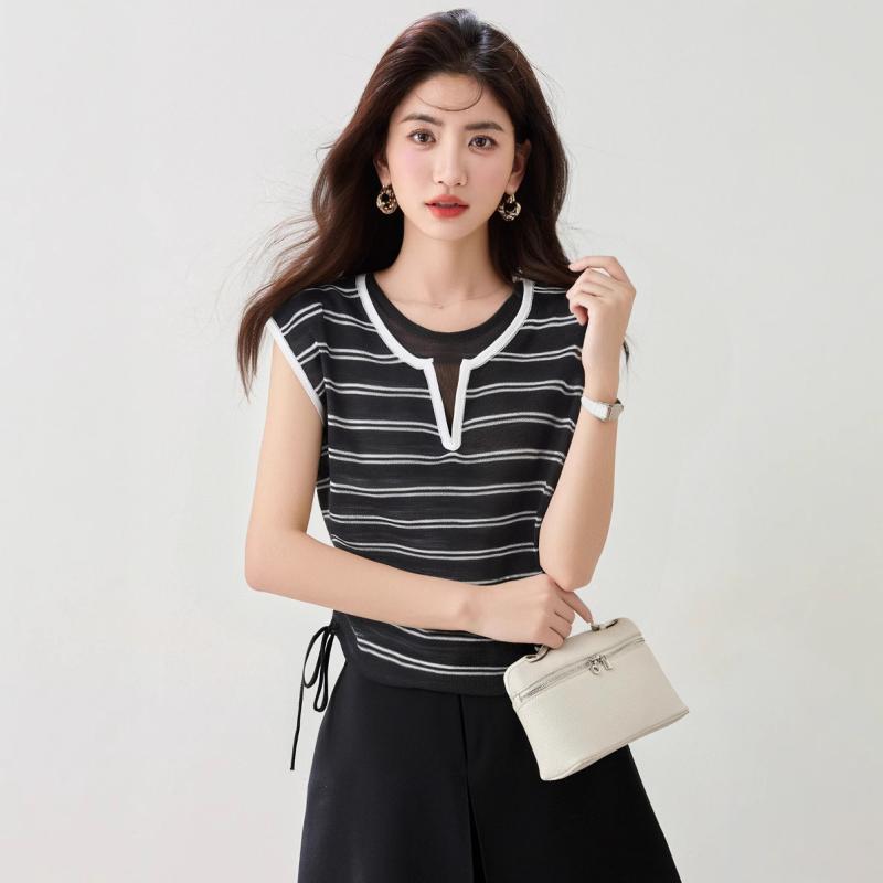 Tシャツ レディース ストライプ フェイクレイヤード ニット 接触冷感 半袖 クルーネック 配色切り替え ウエストマーク ショート丈 ポリエステル 伸縮性 韓国ファッション おしゃれ カジュアル 春夏(4)
