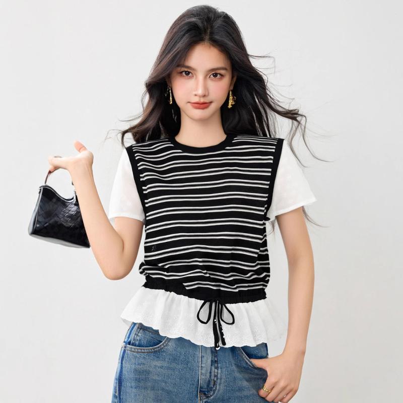 ・カテゴリ: Tシャツ・デザインタイプ: フェイクレイヤード・スタイル: プレッピー、フレッシュ＆フェミニン、エレガント・主な素材: 綿80%～90%未満、スパンデックス30%以下・ネックライン: クルーネック・袖丈: 半袖・袖タイプ: レ...