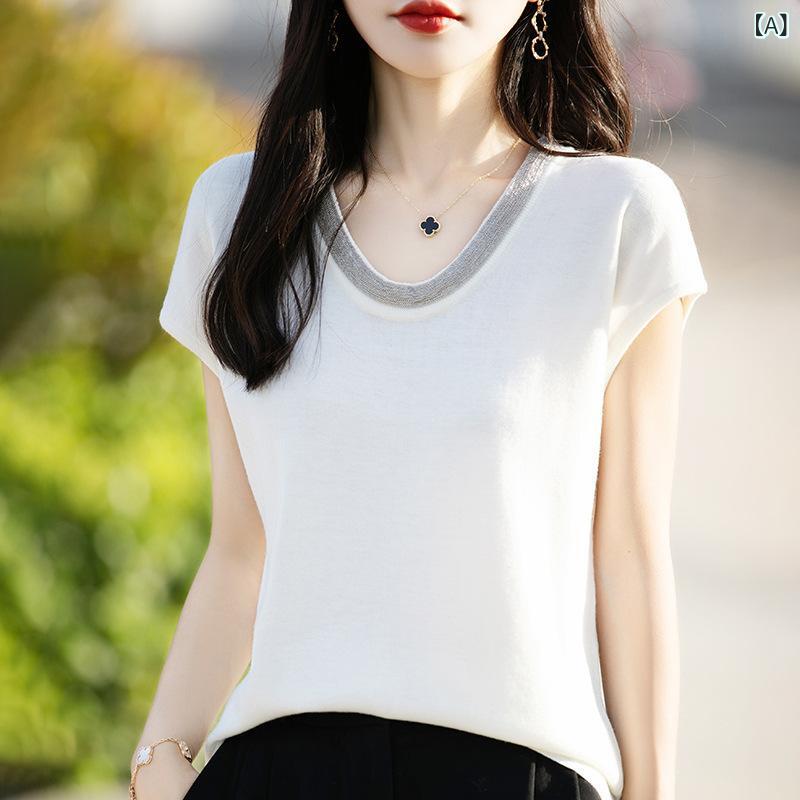樂天商城 - Tシャツ レディース トップス カットソー 女性用 春夏 シンプル 日常使い デイリーカジュアル バイカラー 配色 クルーネック 丸首 上質 ウール 羊毛 ニット 半袖 ショートスリーブ プルオーバー 白 ピンク 黒