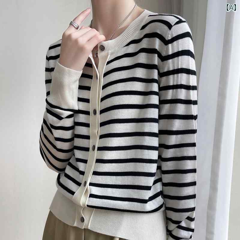 ニット レディース 女性用 秋冬 クルーネック 長袖 ウール ストライプ柄 切り替え 配色 ゆったり オーバーサイズ セーター トップス カジュアル きれいめ 上品 オフィス ベージュ グリーン 普段使い(4)