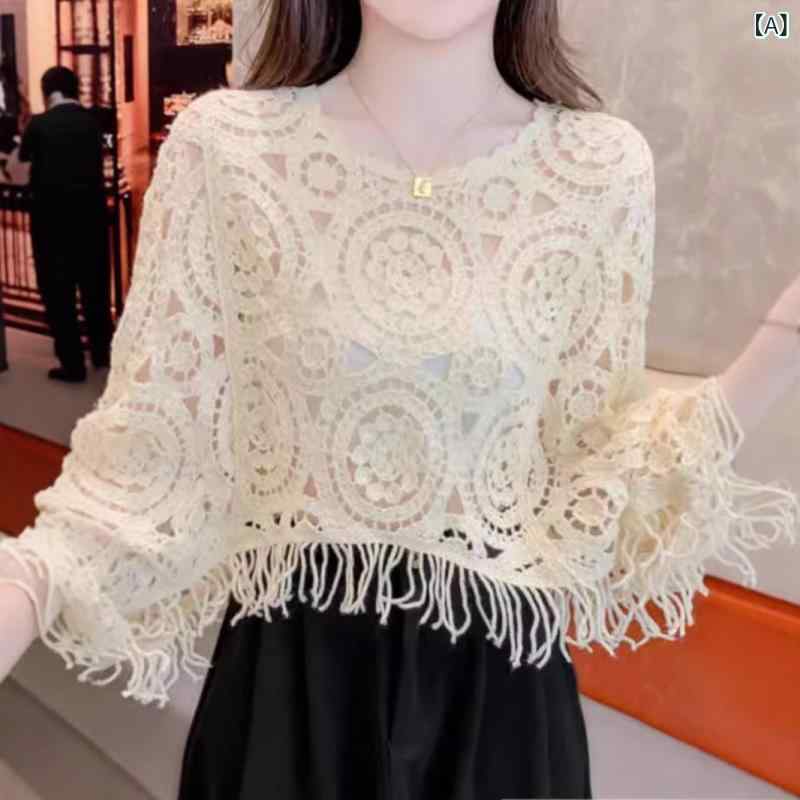 ニット ドルマンスリーブ プルオーバー 透かし編み 長袖 無地 ボヘミアン エスニック 秋冬 薄手 ゆったり クルーネック ショート丈 カジュアル 普段使い アクリル