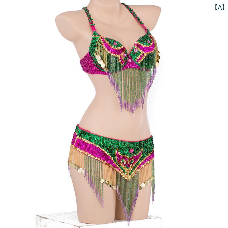 ベリーダンス 衣装 レディース 女性用 ハロウィン フリンジ ビーズ刺繍 インド風 ポリエステル 伸縮性 ステージ 発表会 ブラ ウエストバンド コスチューム ...