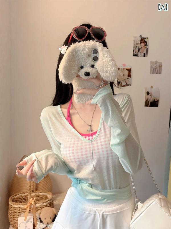 トップス レディース 女性用 UVカット 日焼け止め 長袖 Vネック カバーアップ チュニック Tシャツ ホルターネック キャミソール ゆったり ルーズ リラックス ポリエステル 2点セット セットアップ 春夏 薄手 無地 普段使い 部屋着 カジュアル(4.0)