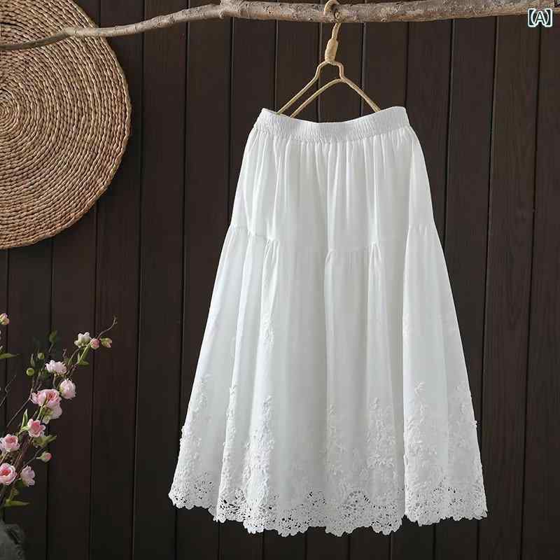 スカート レディース 森ガール ナチュラル エレガント フェアリー 若見え 高品質 立体刺繍 レース Aライン ロング マキシ丈 無地 コットン 着回し 万能 白 黒 春夏
