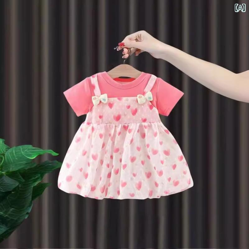 ワンピース ベビー 女の子 子供服 夏物 スウィート かわいい プリンセス 薄手 軽量 フェイクツーピース..