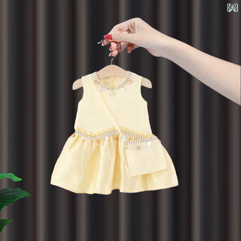 ワンピース ベビー 女の子 幼児 1歳 プリンセスドレス スパンコール キラキラ かわいい おしゃれ 韓国風 綿 コットン Aライン 黄色 イエロー 春秋 普段使い お出かけ パーティ