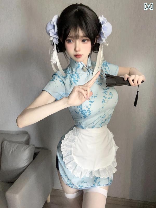 コスプレ衣装 レディース チャイナドレス ロリータ メイド服 ワンピース ドレス エプロン セット 中華..
