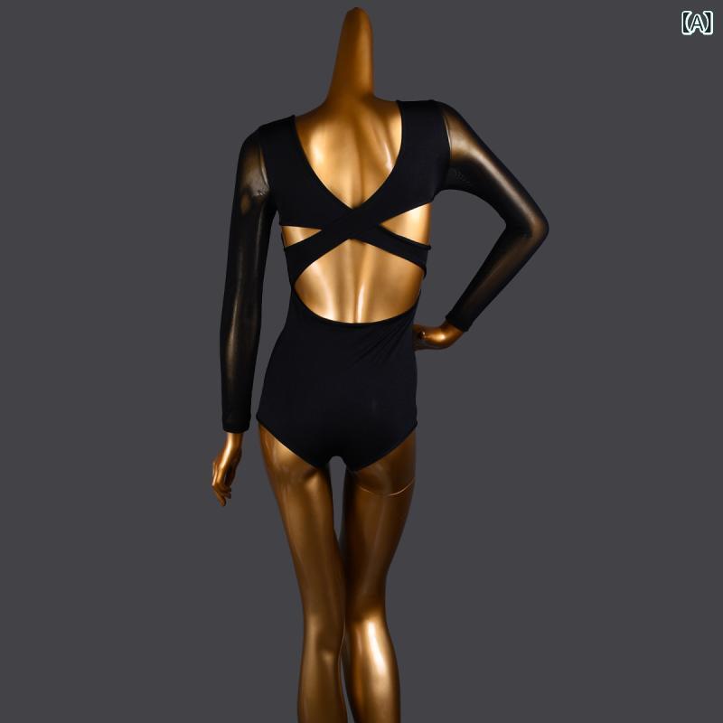 社交ダンス トップス レディース ラテン モダン 長袖 Vネック パフスリーブ シアーメッシュ 練習着 レッスン用 フィットネス 吸湿速乾 ポリエステル クロスバック ブラック ワインレッド