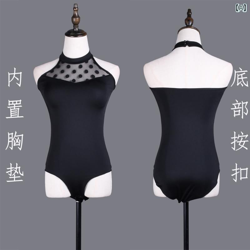 レオタード レディース 大人用 ラテンダンス 練習着 黒 ブラック ヒョウ柄 切り替え ホルターネック セクシー ボディスーツ ダンスウェア フィットネス ポリエステル 伸縮性