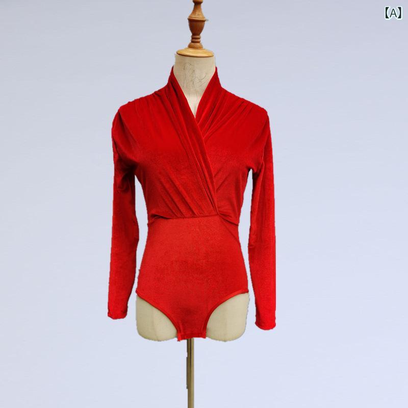 レオタード レディース 大人用 ラテンダンスウェア トレーニングウェア 長袖 ベロア スナップボタン オ..