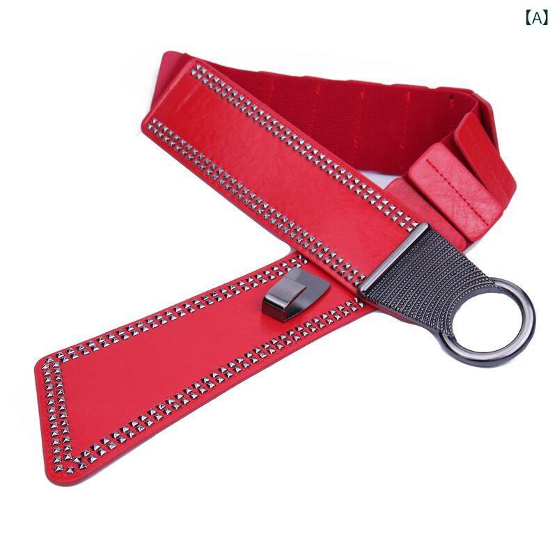 サッシュベルト レディース ウエストマーク フェイクレザー ゴムベルト 幅広 伸縮性 ストレッチ スカート ワンピース ドレス カジュアル 韓国風 欧米風 ステッチ レッド ブラック グレー