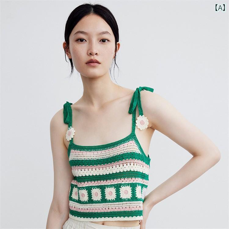 タンクトップ レディース 刺繍 透かし編み かぎ針編み ノースリーブ ダブルストラップ ニット ショート..