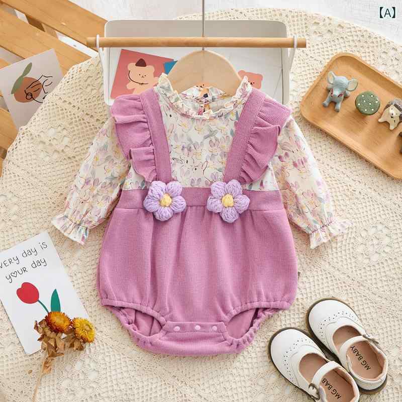 ロンパース 女の子 新生児 ベビー 赤ちゃん 長袖 小花柄 フラワー柄 綿 コットン 秋冬 韓国風 オルチャン パープル かわいい おしゃれ 普段使い カバーオール ボディスーツ