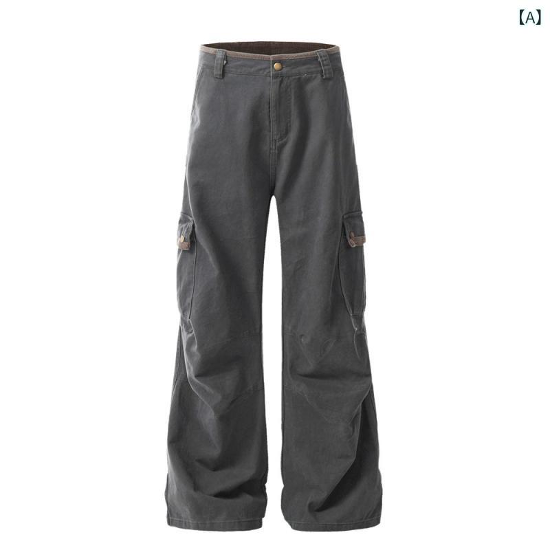 ワークパンツ メンズ 男性用 ストリート Vibeスタイル アメカジ レトロ ワイド フレアパンツ ブーツカット ロング 無地 膝デザイン プリーツ 綿 ゆったり リラックスフィット カジュアル 長ズボン