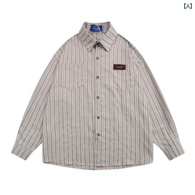 ・カテゴリ: 開襟シャツ・スタイル: ストリート・主な素材: ポリエステル・ネックライン: 襟付き・袖丈: 長袖・柄: ストライプ・: ポケット付き・シルエット: ルーズフィット・厚さ: 普通・加工: アイロン不要・シーン: カジュアル・対応シーズン: 春、秋・性別: メンズ・カラー展開: グレー、グリーン・サイズ展開: M、L、XL