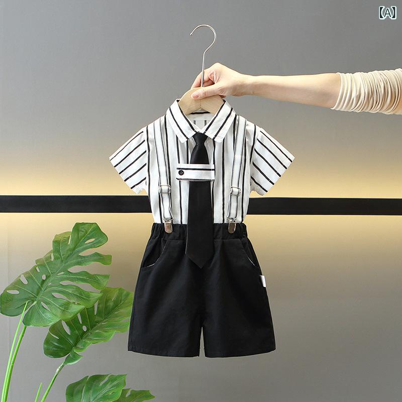 ・カテゴリ: 子供服セット・性別: メンズ（キッズ）・スタイル: 個性派・セット内容: トップス、パンツ（2点セット）・対象年齢: 1〜3歳（身長80〜100cm）・袖丈: 半袖・パンツ丈: 五分丈・生地加工: 起毛・生地の厚さ: 薄手・柄: ボーダー、無地・デザイン要素: スポーツ、カジュアル、トレンド・主な素材: 綿・素材比率: 綿 80%・安全基準: Aクラス・着脱仕様: プルオーバー・デザイン展開: ボーダーネクタイ、サスペンダー・サイズ展開: 80cm、90cm、100cm、110cm、120cm