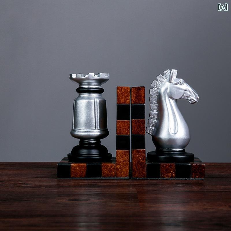 ブックエンド 北欧風 レトロ クラシック チェスモチーフ 樹脂製 工芸品 本立て インテリア雑貨 おしゃれ 書斎 リビング 本棚 デスク プレゼント ギフト