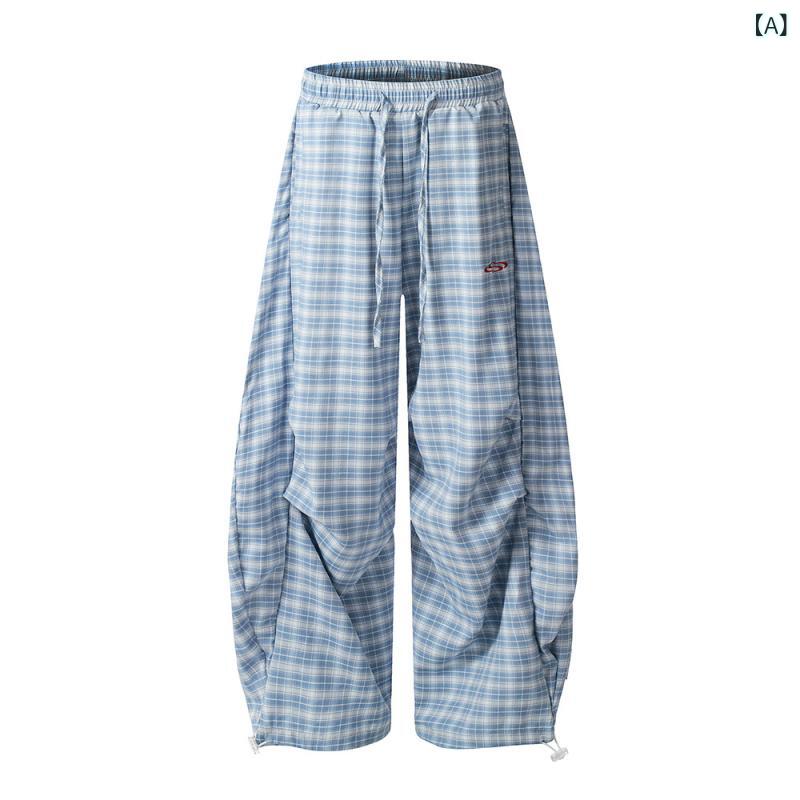 樂天商城 - パンツ メンズ 男性用 ルーズワイド パラシュートパンツ チェック柄 カーブデザイン プリーツ アメカジ ストリート カジュアル アクティブ ロング ポリエステル 通年