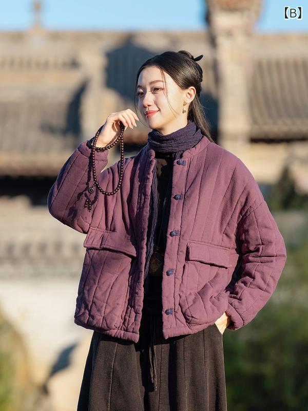 中綿ジャケット レディース ゆったり ルーズフィット ショート丈 綿麻 ラミーコットン スタンドカラー 立ち襟 切り替え 配色 飾りボタン チャイナボタン 文芸レトロ 厚手 防寒 秋冬 2