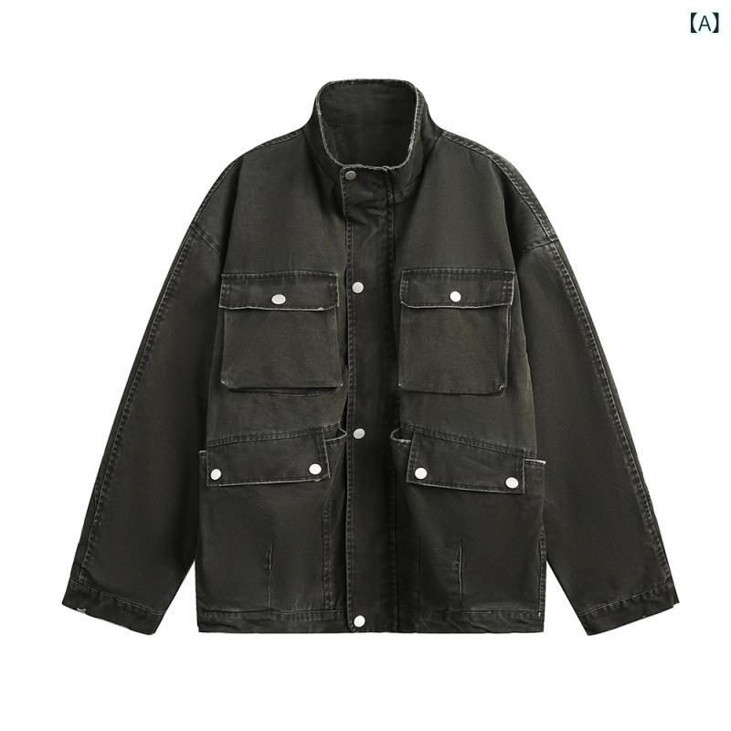 Rakuten - ジャケット メンズ デニム ワーク マルチポケット スタンドカラー ジップアップ ルーズフィット ビッグシルエット ストリートカジュアル ユーズド加工 コットン 綿素材 耐摩耗性 丈夫 ミドル丈 ダークグリーン 春秋 アウター 普段使い