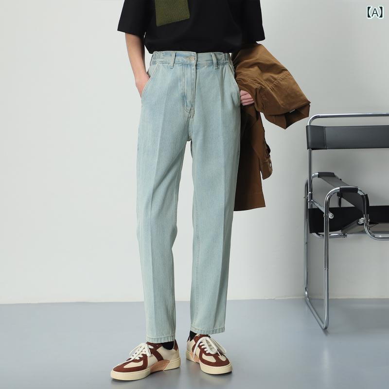 デニムパンツ メンズ 春秋 ウォッシュ加工 ライトブルー ジーンズ 男性用 トレンド 着回し カジュアル スラッシュポケット テーパード ..
