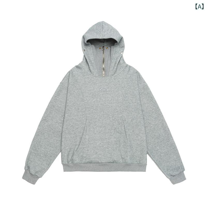 楽天narukiパーカー スウェット メンズ レディース 男女兼用 ストリート カジュアル ゆったり ビッグシルエット デザイン性 無地 ハーフジップ ハイネック フード付き プルオーバー トップス コットン 綿混 春秋