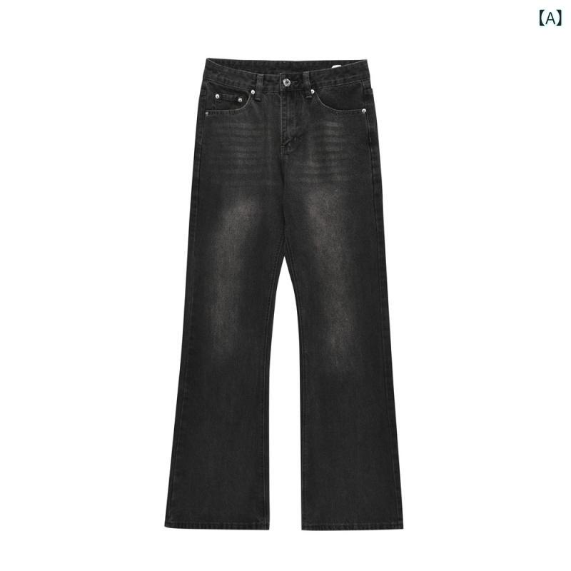・カテゴリ: デニムパンツ・スタイル: ストリート・: ベーシック・シルエット: ブーツカット・丈: フルレングス・ウエスト: ミドルウエスト・フロント: ジッパーフライ・厚さ: レギュラー・生地: デニム・主な素材: 綿95%・シーン: カジュアル・詳細: ポケット装飾・伸縮性: ノンストレッチ・裾: ベルボトム・加工: ウォッシュ加工、ノンアイロン・カラー展開: ブラック・サイズ展開: S、M、L、XL、XXL・性別: メンズ・対象: 成人男性