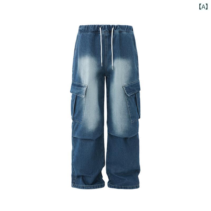 樂天商城 - デニムパンツ メンズ レトロ ヴィンテージ ウォッシュ加工 ストレート ルーズフィット ユーズド加工 色落ち加工 ロング丈 カジュアル ワーク 韓国ファッション 綿混 微ストレッチ ブルー
