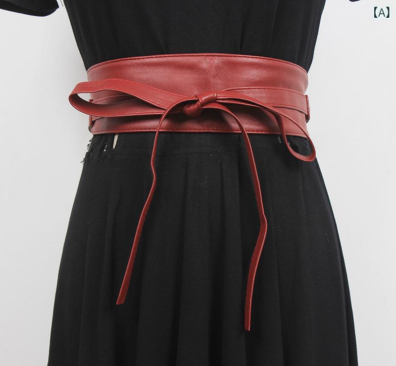 ベルト レディース リボン レースアップ コルセット ワイド ウエストマーク フェイクレザー ワンピース シャツ 外着け 万能 ブラック レッド
