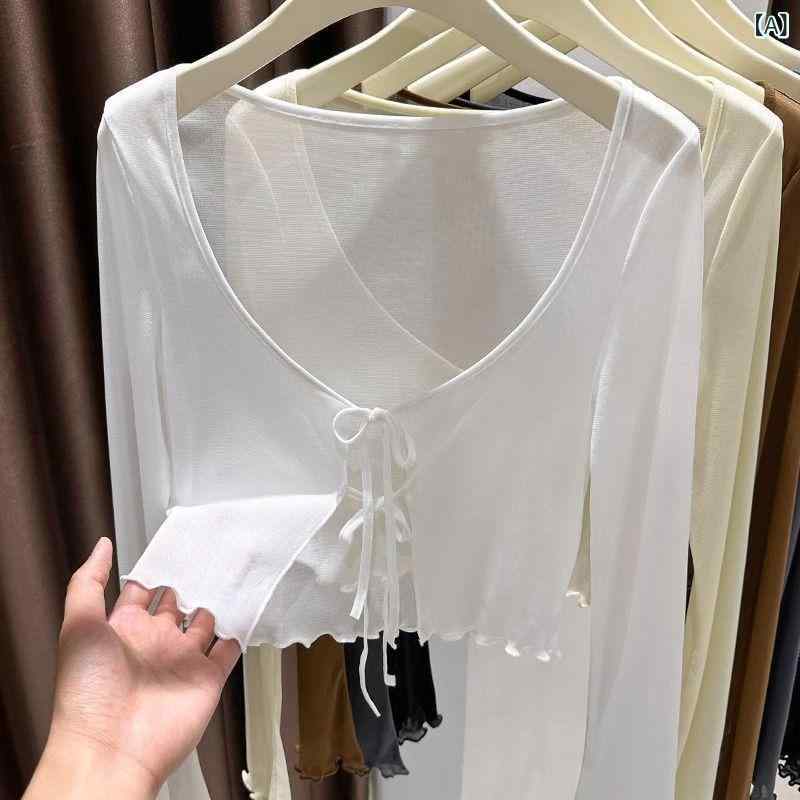 カーディガン レディース 接触冷感 シアーメッシュ UVカット 薄手 羽織り ショール フリル リボン 長袖..