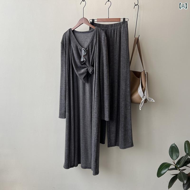 セットアップ レディース 3点セット 秋冬 リラックススタイル ゆったり ロングカーディガン キャミソール トップス ワイドパンツ ボトムス 落ち感 とろみ素材 ポリエステル レーヨン カジュアル 長袖