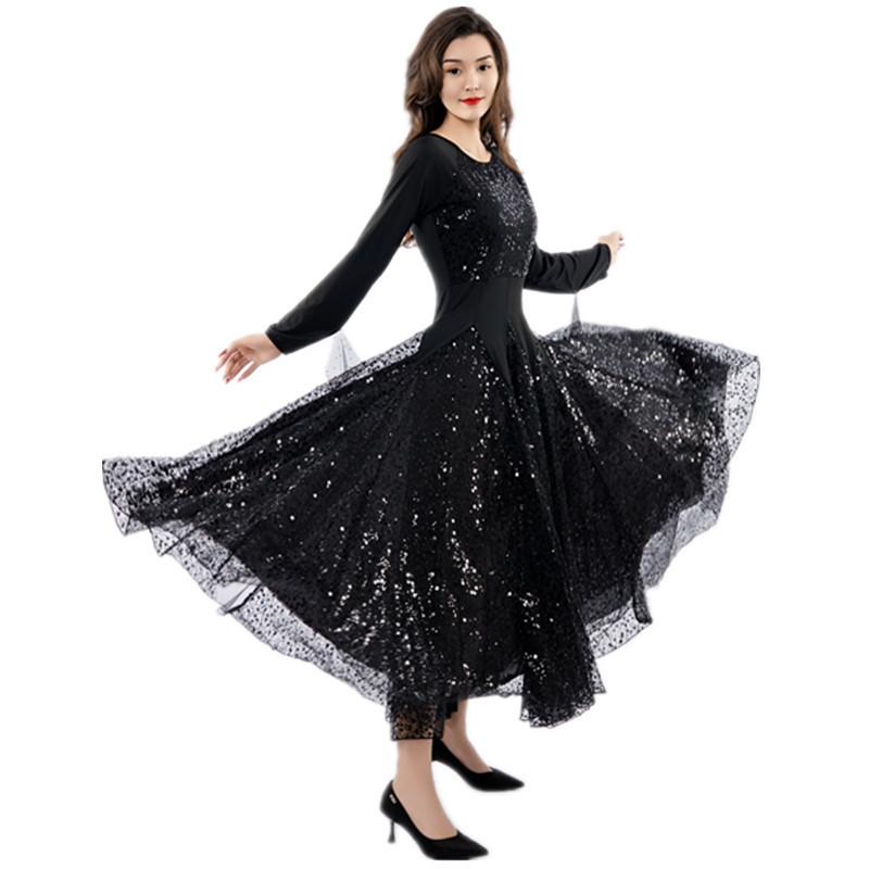 ワンピース 社交ダンス モダンダンス 長袖 フレアドレス ロング丈 発表会 ステージ衣装 再生繊維 ポリウレタン ストレッチ 黒 ブラック 胸元スパンコール 秋冬