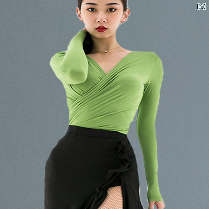 ラテンダンスウェア レディース 大人用 秋冬 本格的 ダンス練習着 長袖 モダール 綿混 スパンデックス トップス 紐付き ラップデザイン レッスン着 3