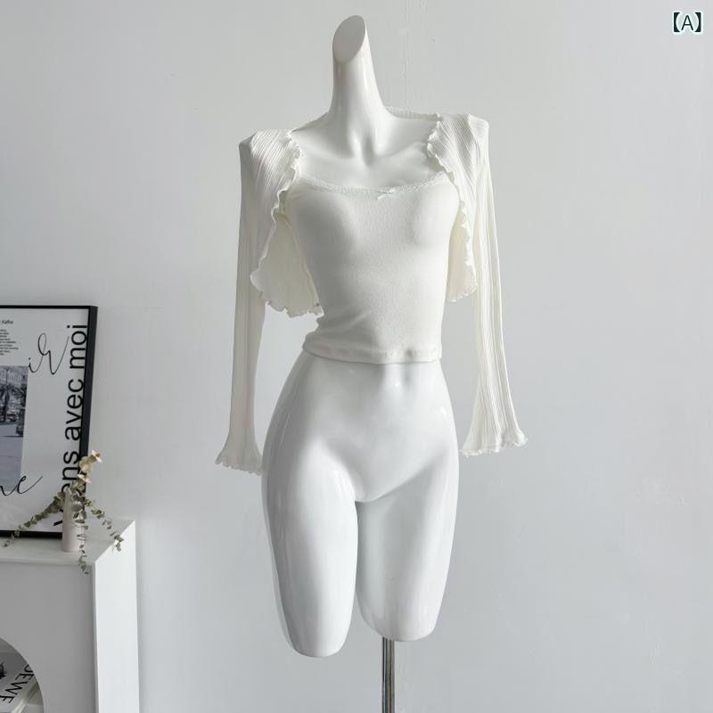 カーディガン レディース 女性用 ショート丈 フリルデザイン フレアスリーブ UVカット 接触冷感 サマーニット アクリル ポリエステル 冷房対策 羽織り ショール ボレロ 春夏